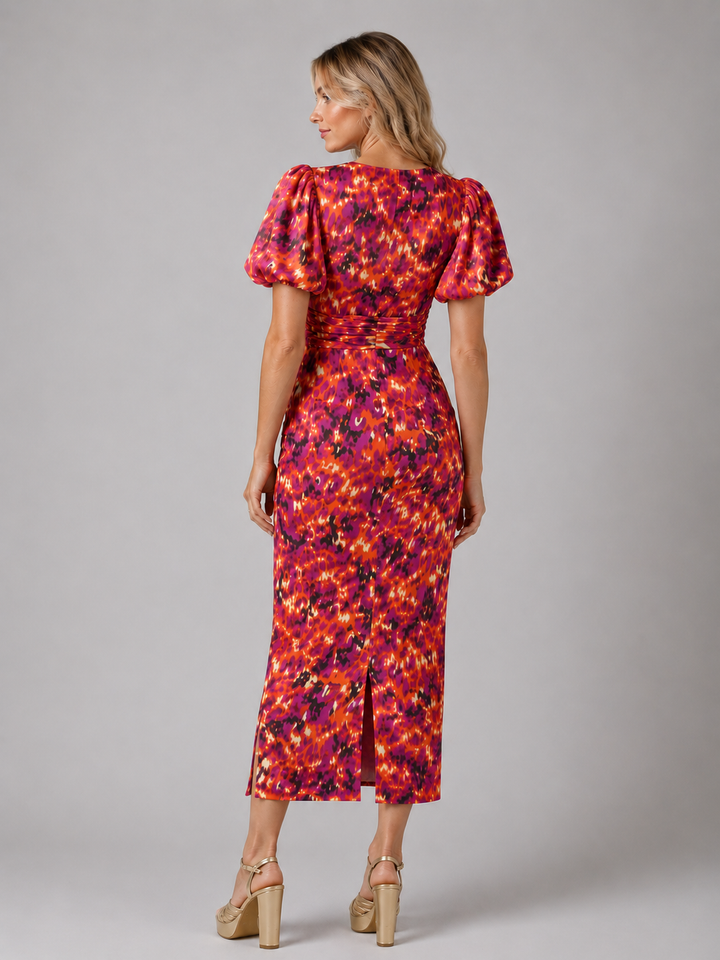 Women’s V-Neck Puff Sleeve Midi Dress –  Summer Occasion Style