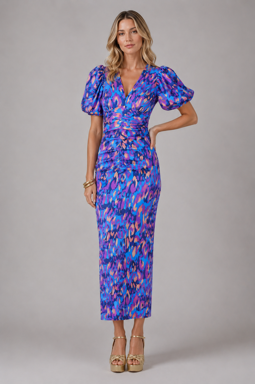Women’s V-Neck Puff Sleeve Midi Dress –  Summer Occasion Style