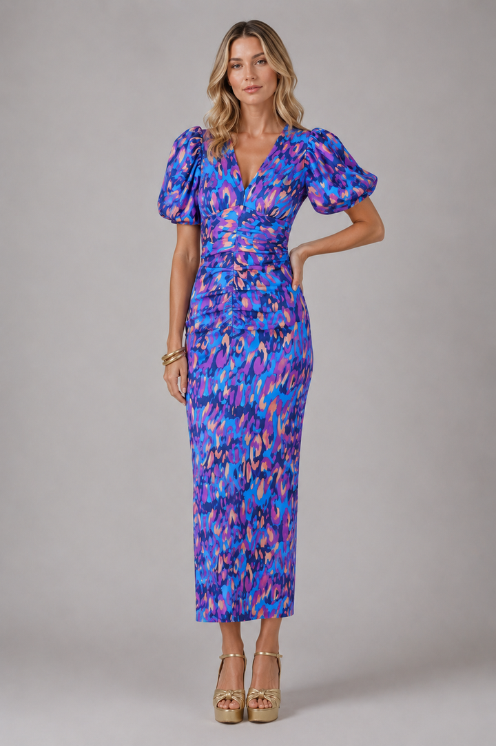 Women’s V-Neck Puff Sleeve Midi Dress –  Summer Occasion Style