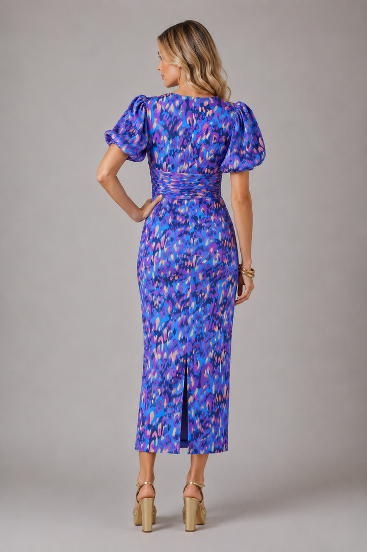 Women’s V-Neck Puff Sleeve Midi Dress –  Summer Occasion Style