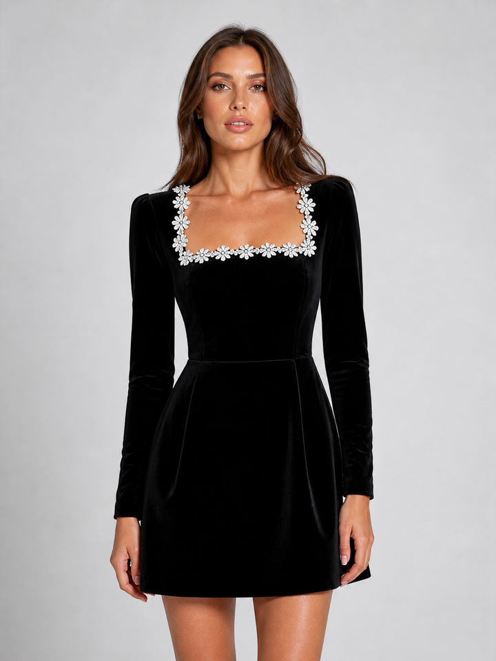 Women’s Velvet Crystal Neckline Mini Dress – Elegant Evening Silhouette