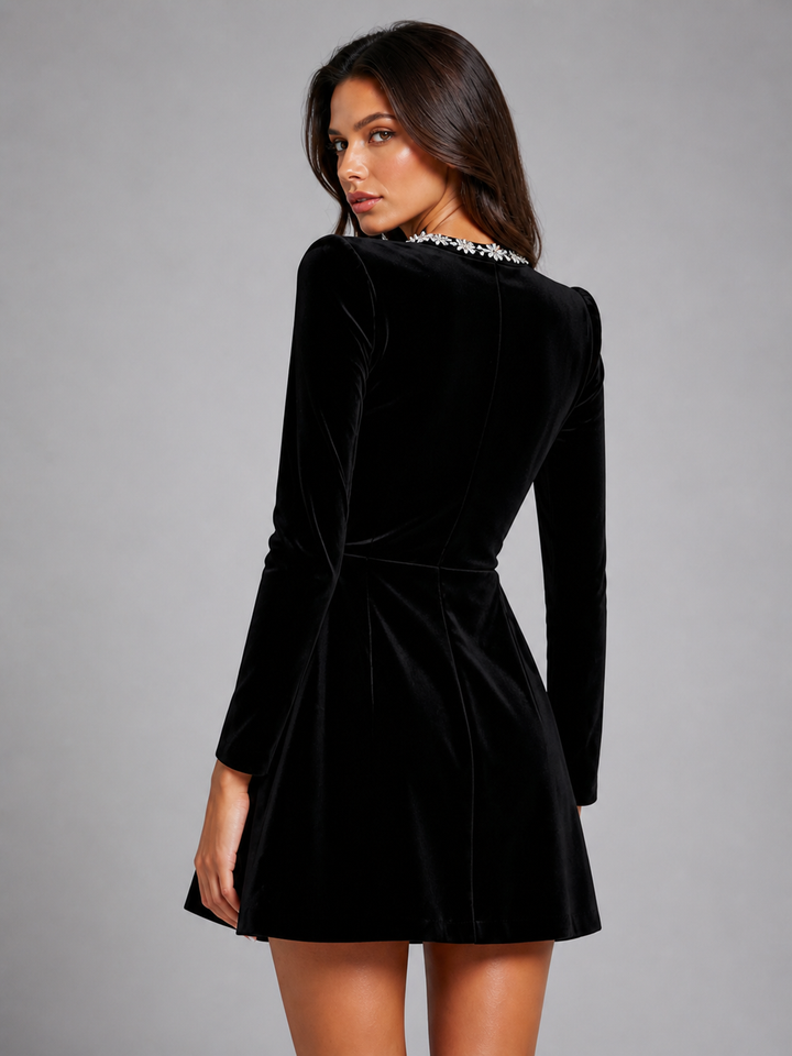 Women’s Velvet Crystal Neckline Mini Dress – Elegant Evening Silhouette