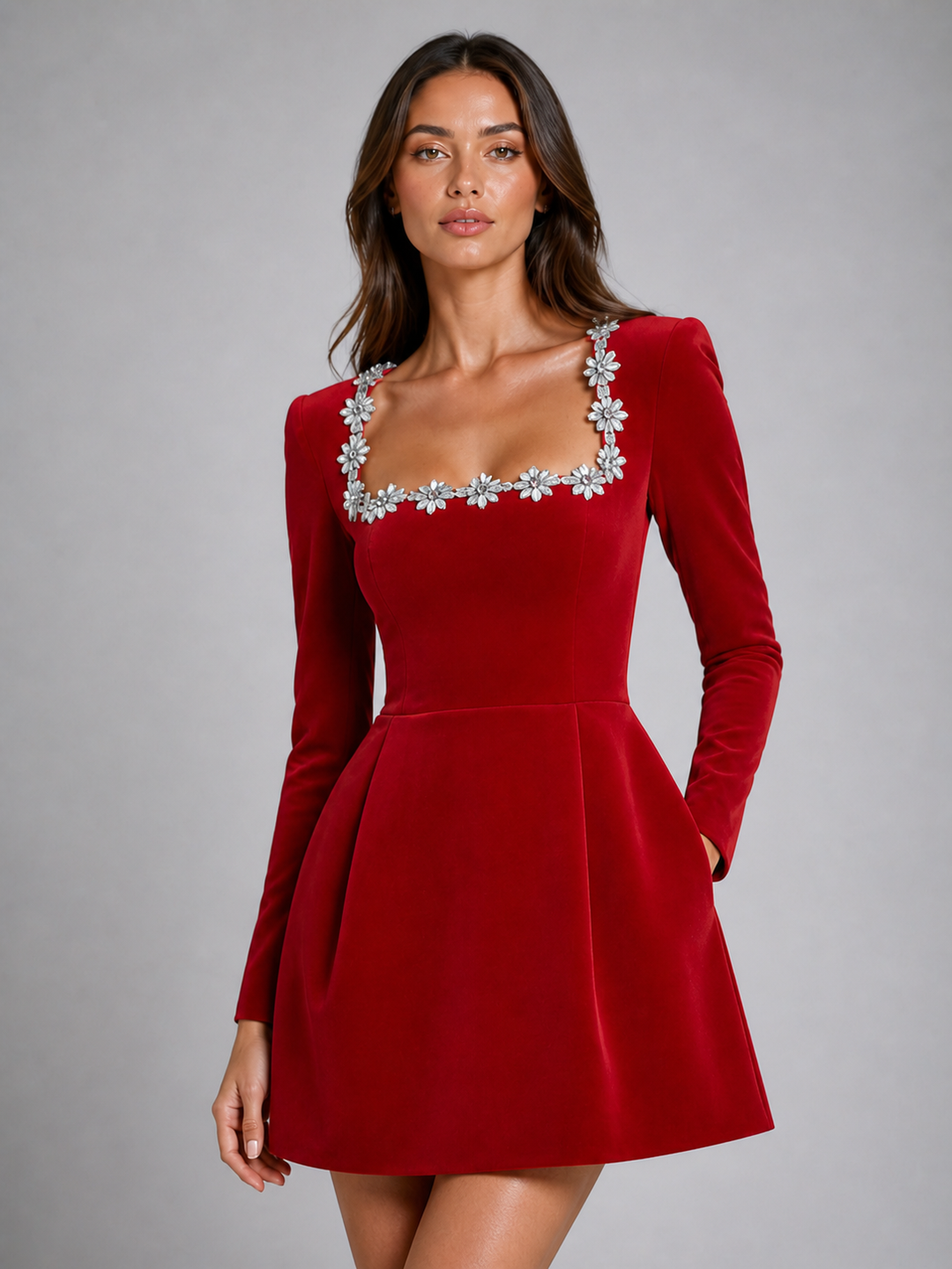 Women’s Velvet Crystal Neckline Mini Dress – Elegant Evening Silhouette