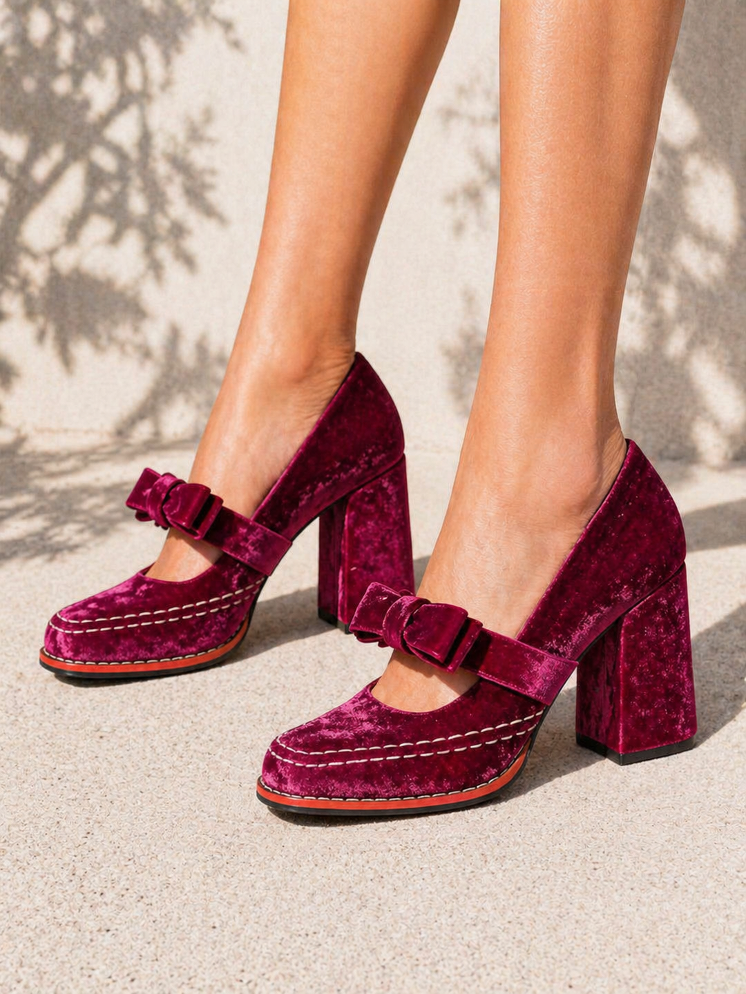 Women’s Velvet Mary Jane Heels – Bow Detail Block Heel