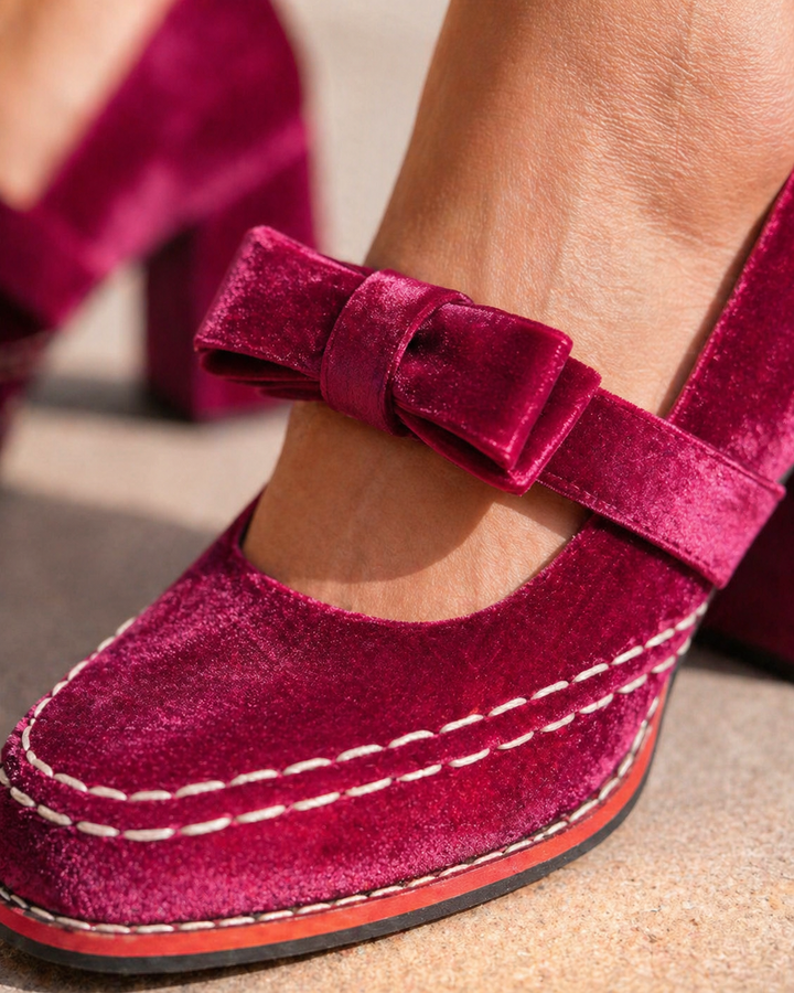 Women’s Velvet Mary Jane Heels – Bow Detail Block Heel
