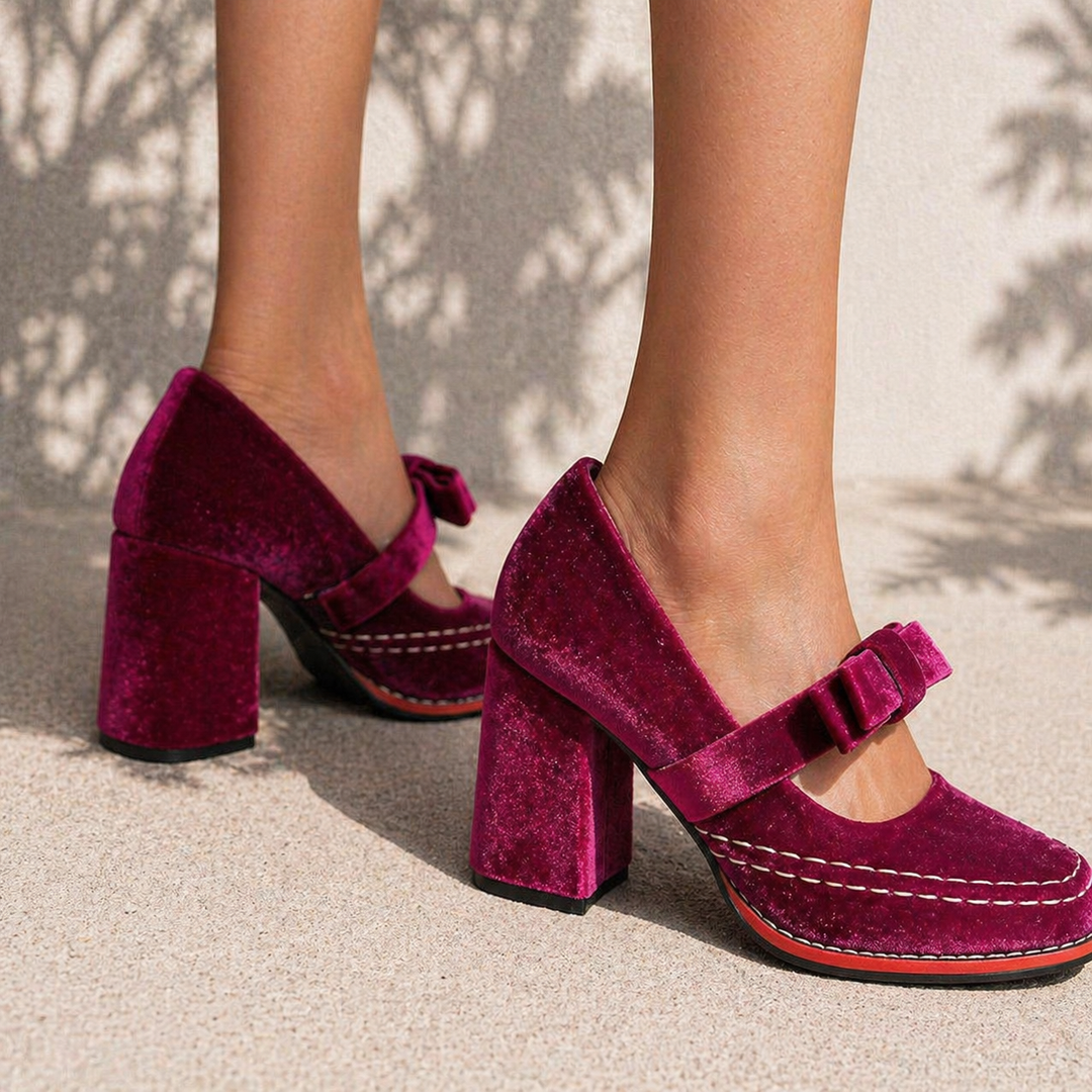 Women’s Velvet Mary Jane Heels – Bow Detail Block Heel