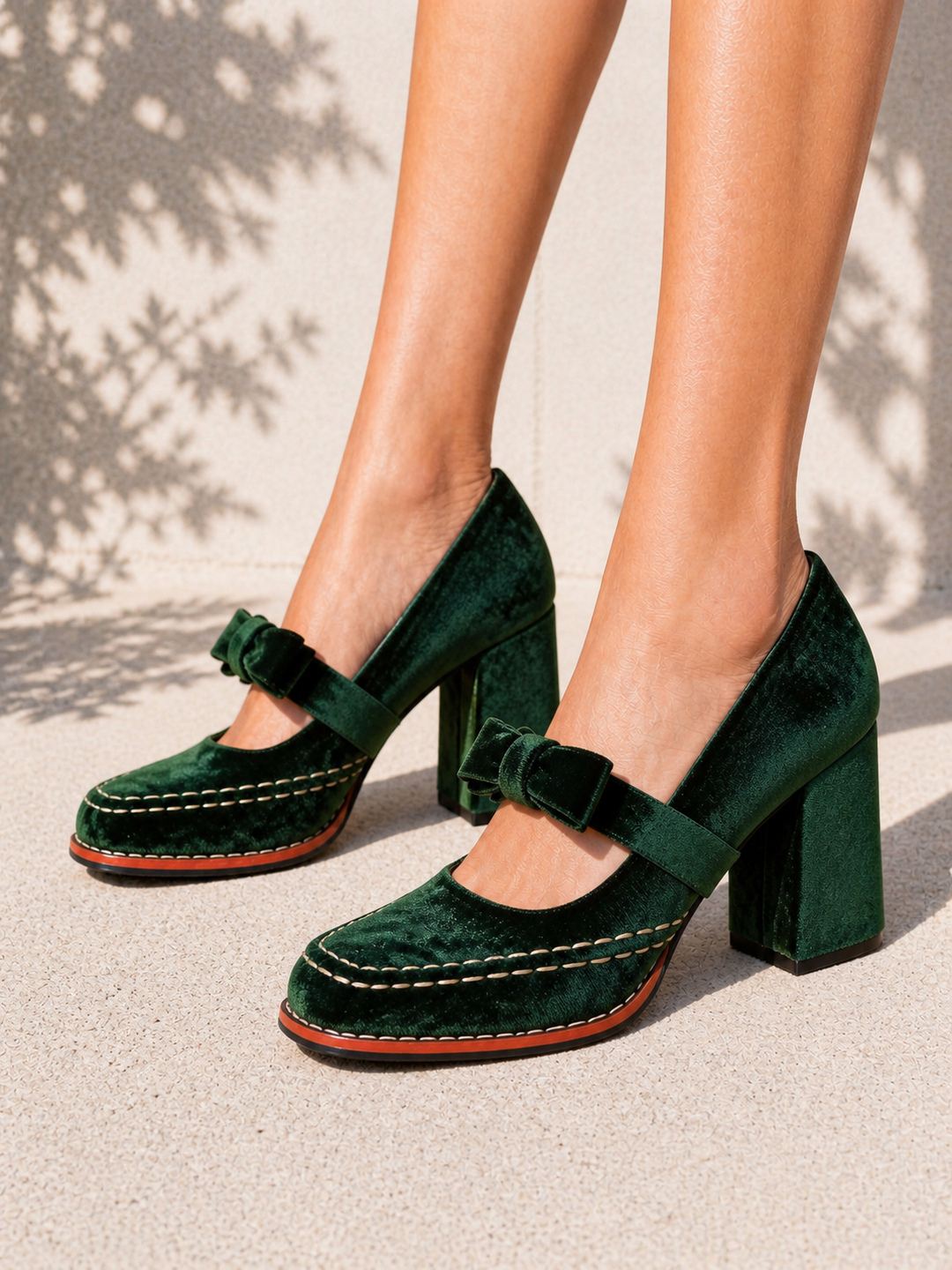 Women’s Velvet Mary Jane Heels – Bow Detail Block Heel