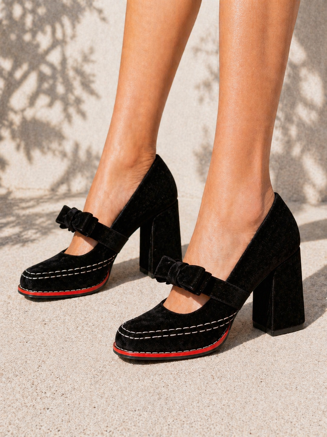 Women’s Velvet Mary Jane Heels – Bow Detail Block Heel
