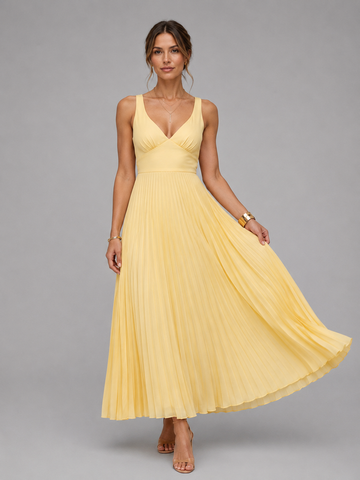Women’s Yellow Satin Feel Pleated Maxi Dress – Elegant Occasion Style