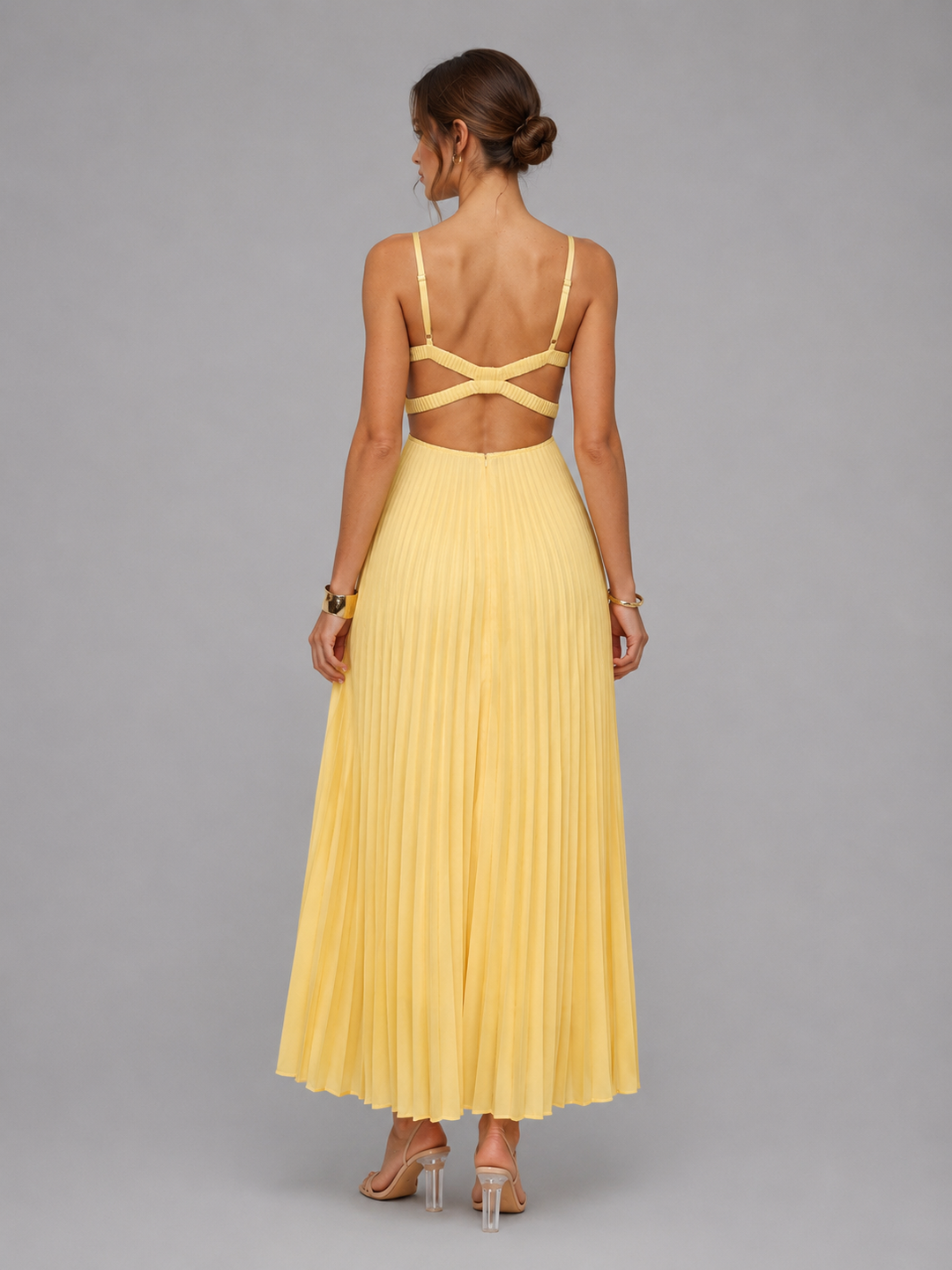 Women’s Yellow Satin Feel Pleated Maxi Dress – Elegant Occasion Style