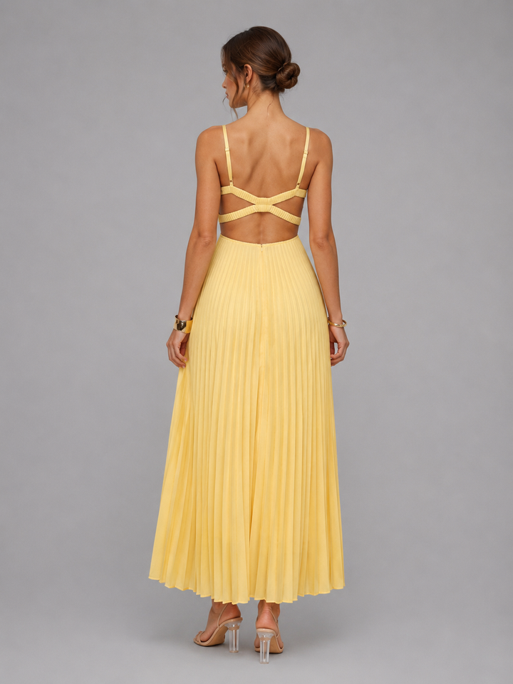 Women’s Yellow Satin Feel Pleated Maxi Dress – Elegant Occasion Style