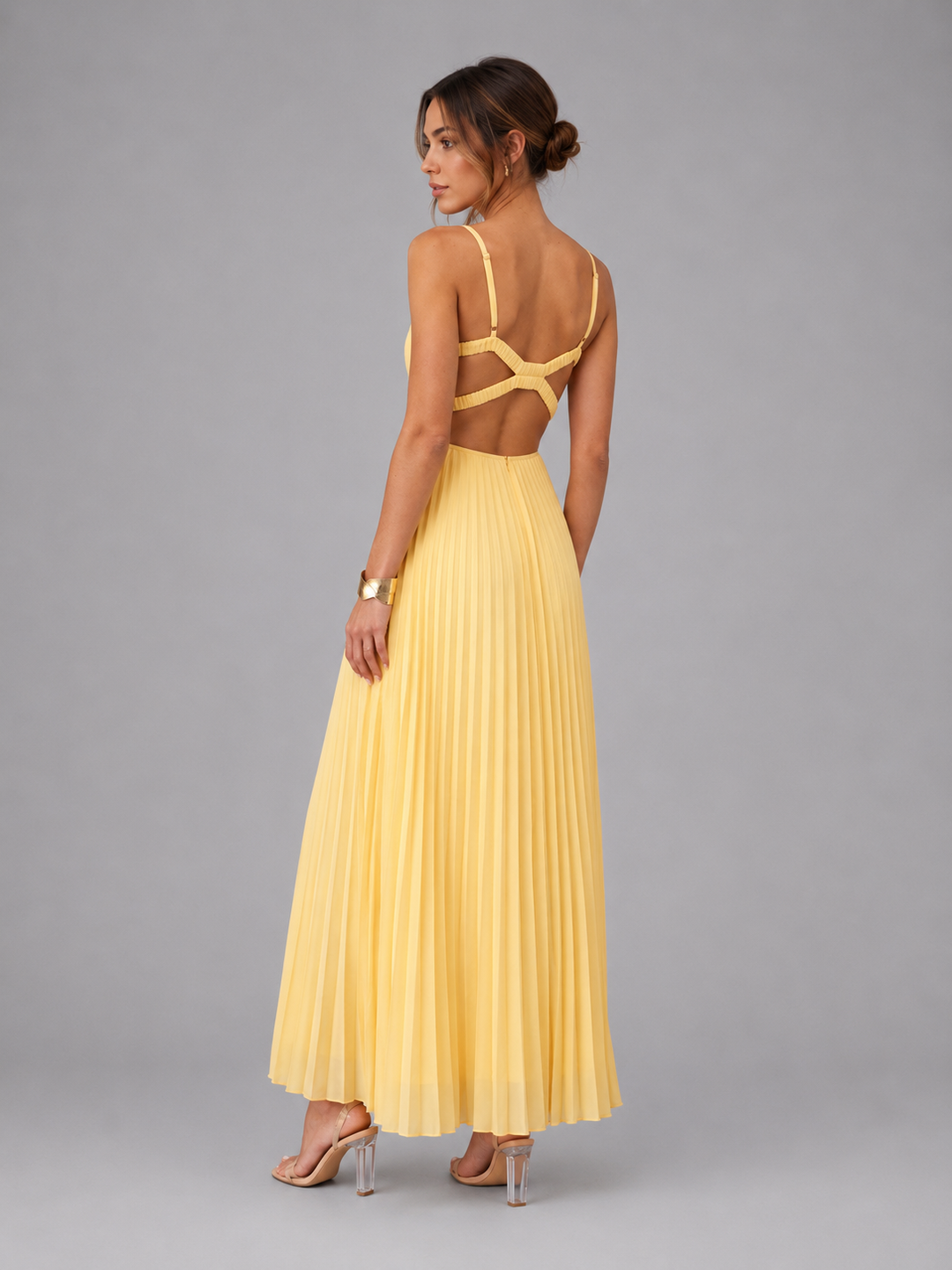 Women’s Yellow Satin Feel Pleated Maxi Dress – Elegant Occasion Style