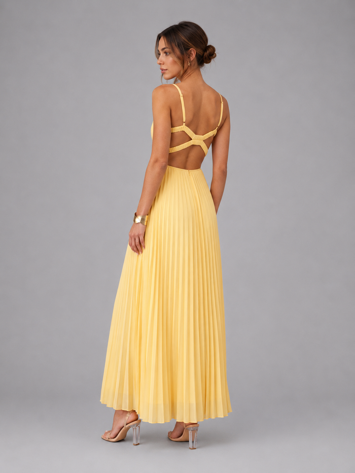 Women’s Yellow Satin Feel Pleated Maxi Dress – Elegant Occasion Style