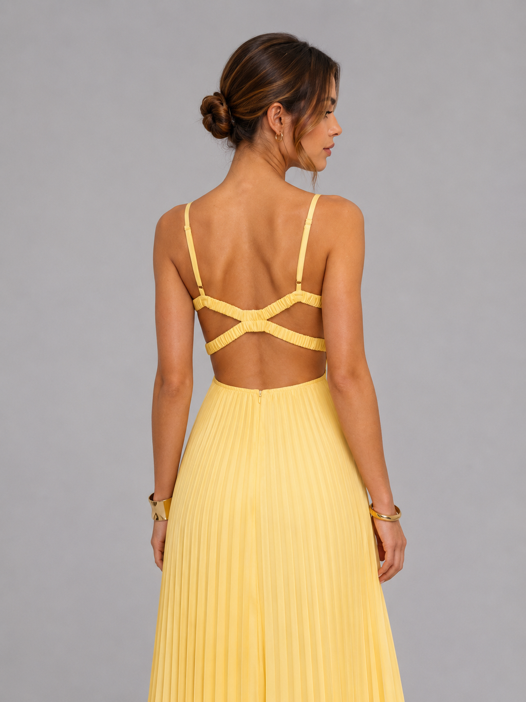 Women’s Yellow Satin Feel Pleated Maxi Dress – Elegant Occasion Style