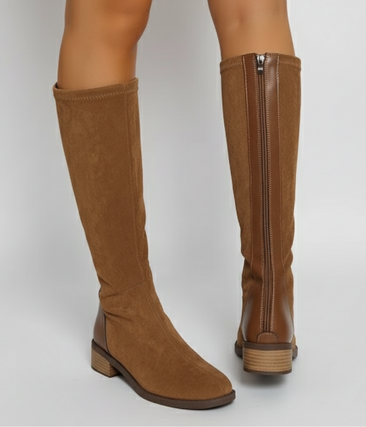 Women’s Knee-High Boots – Suede Look Classic Block Heel Style