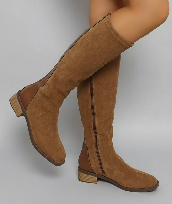 Women’s Knee-High Boots – Suede Look Classic Block Heel Style