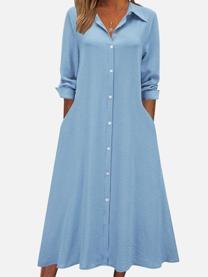 Women’s Button Front Midi Shirt Dress – Relaxed Flattering Fit
