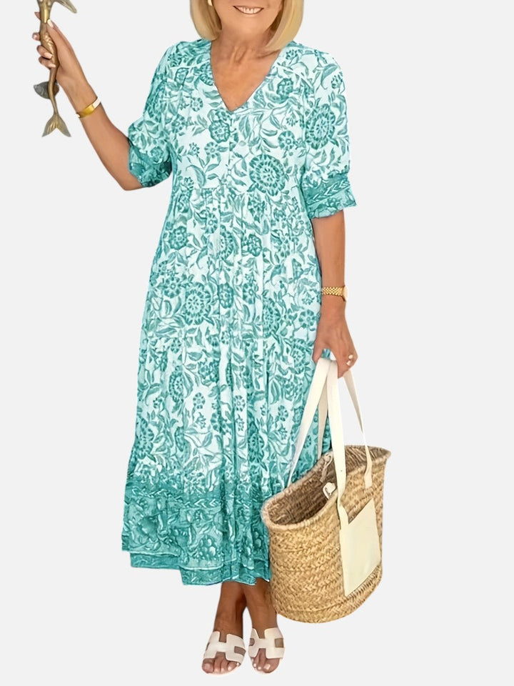 Women’s Floral V-Neck Midi Dress – Relaxed Summer Elegance