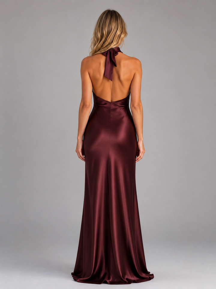 Women's Satin Feel Halter Neck Maxi Dress – Sculpted Evening Gown