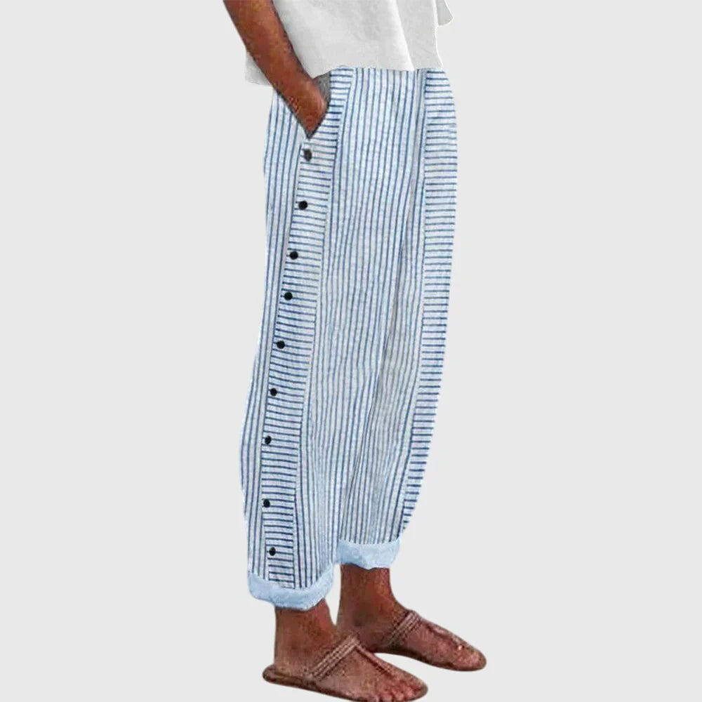 Women’s Striped Button Detail Trousers – Relaxed Fit