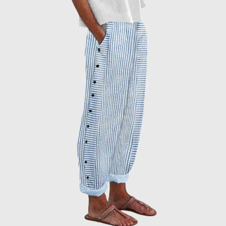 Women’s Striped Button Detail Trousers – Relaxed Fit
