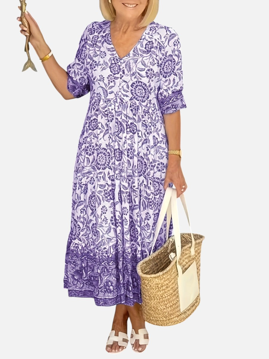 Women’s Floral V-Neck Midi Dress – Relaxed Summer Elegance
