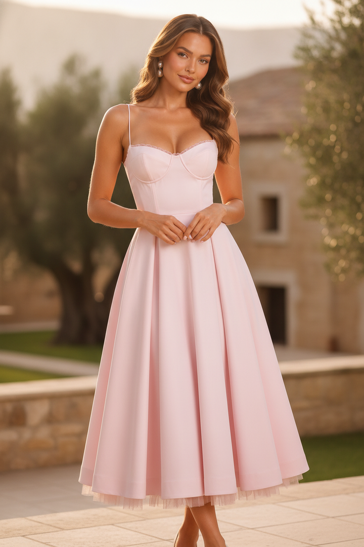 Seraphina | Corset Spaghetti Strap Midi Wedding Guest Dress