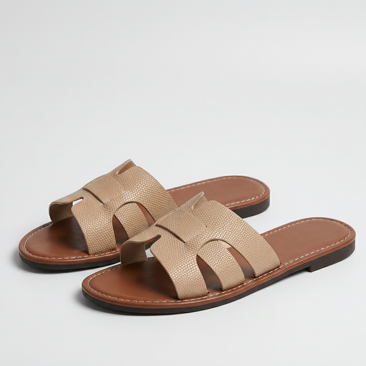 Women’s Flat Slide Sandals – Leather Look Elegance