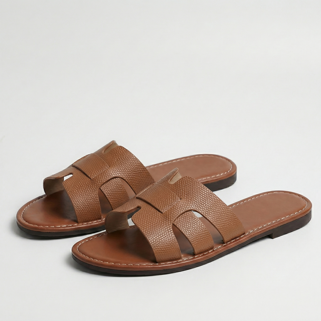 Women’s Flat Slide Sandals – Leather Look Elegance