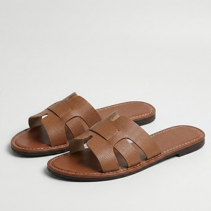 Women’s Flat Slide Sandals – Leather Look Elegance