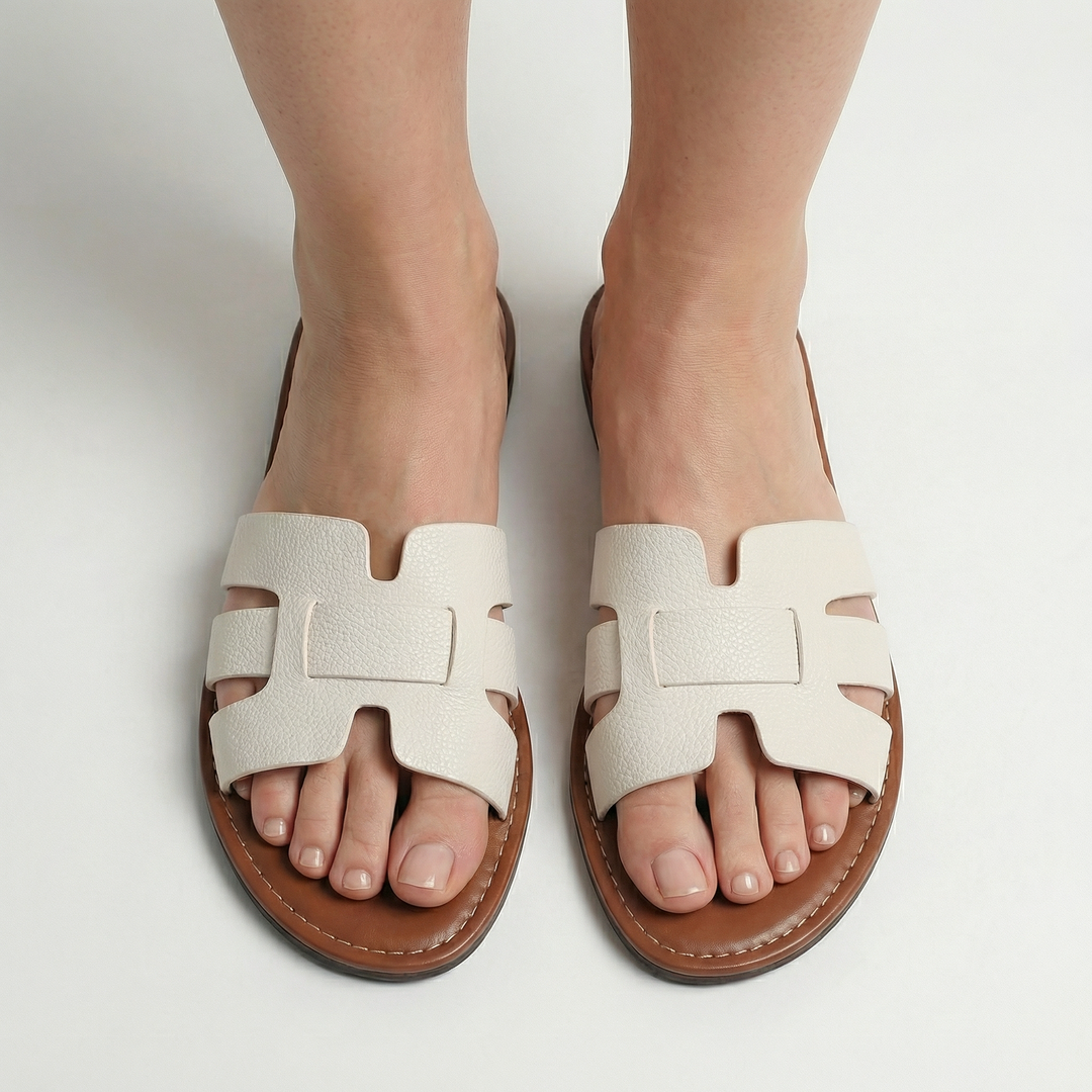 Women’s Flat Slide Sandals – Leather Look Elegance