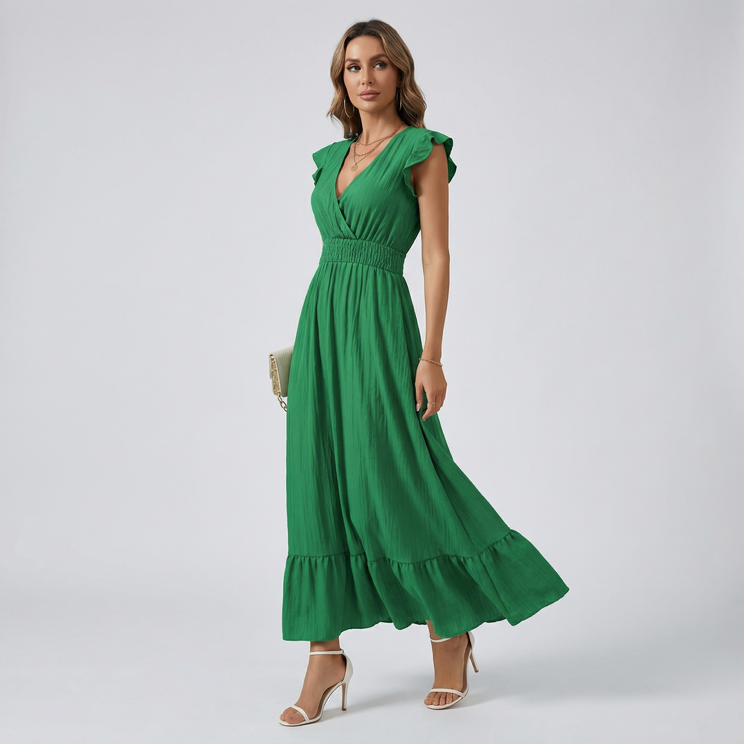 Women’s V-Neck Midi Dress – Shirred Waist Elegant Summer Fit