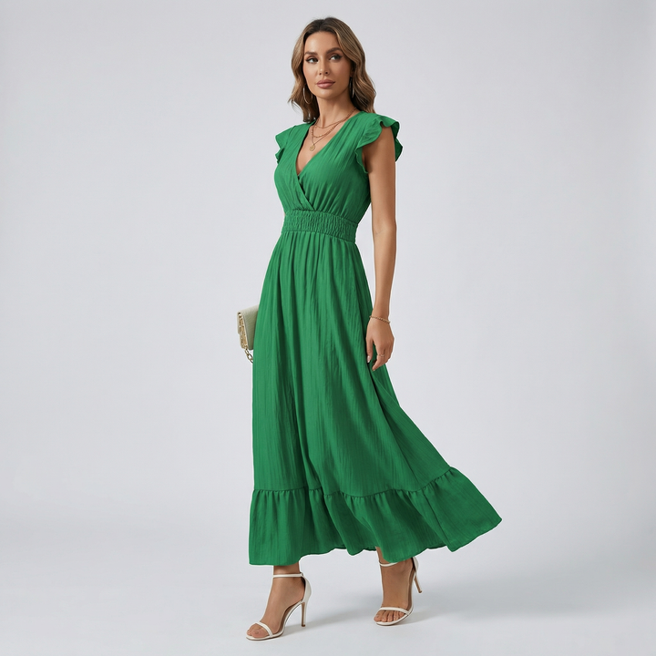 Women’s V-Neck Midi Dress – Shirred Waist Elegant Summer Fit