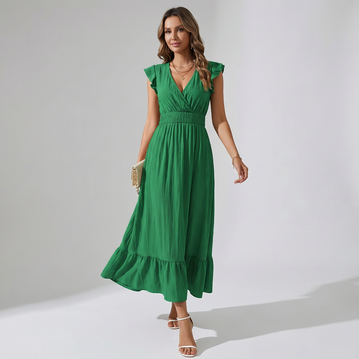 Women’s V-Neck Midi Dress – Shirred Waist Elegant Summer Fit