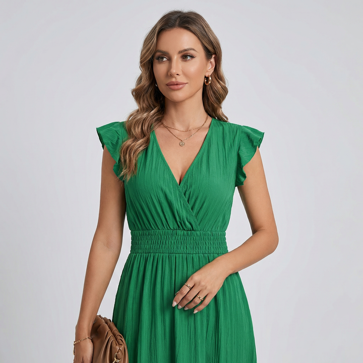 Women’s V-Neck Midi Dress – Shirred Waist Elegant Summer Fit