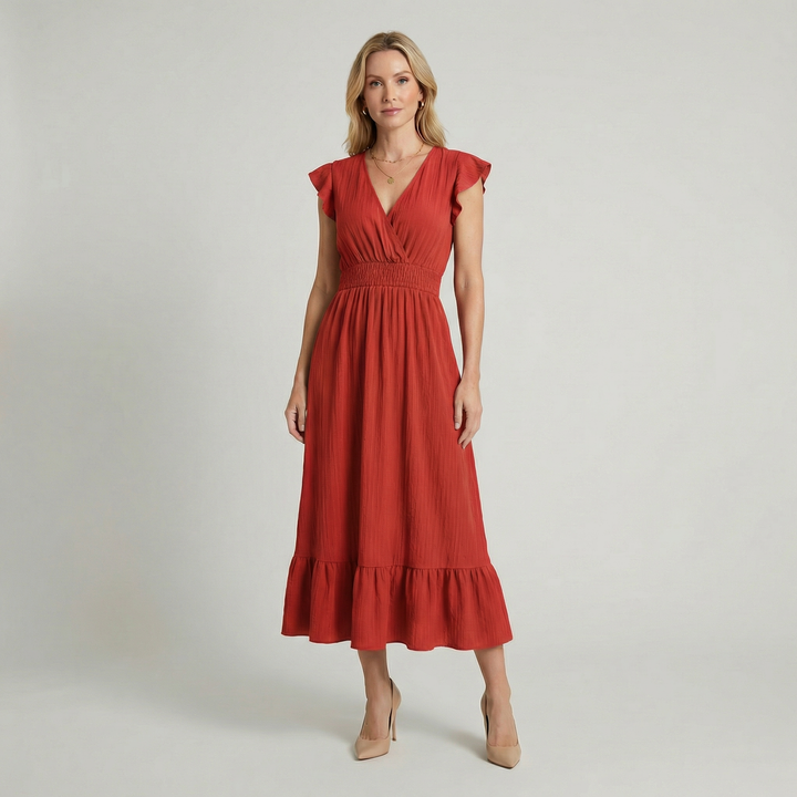Women’s V-Neck Midi Dress – Shirred Waist Elegant Summer Fit
