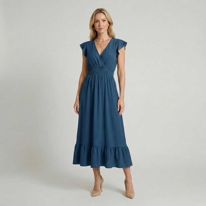 Women’s V-Neck Midi Dress – Shirred Waist Elegant Summer Fit