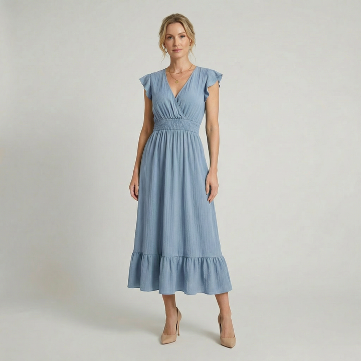 Women’s V-Neck Midi Dress – Shirred Waist Elegant Summer Fit