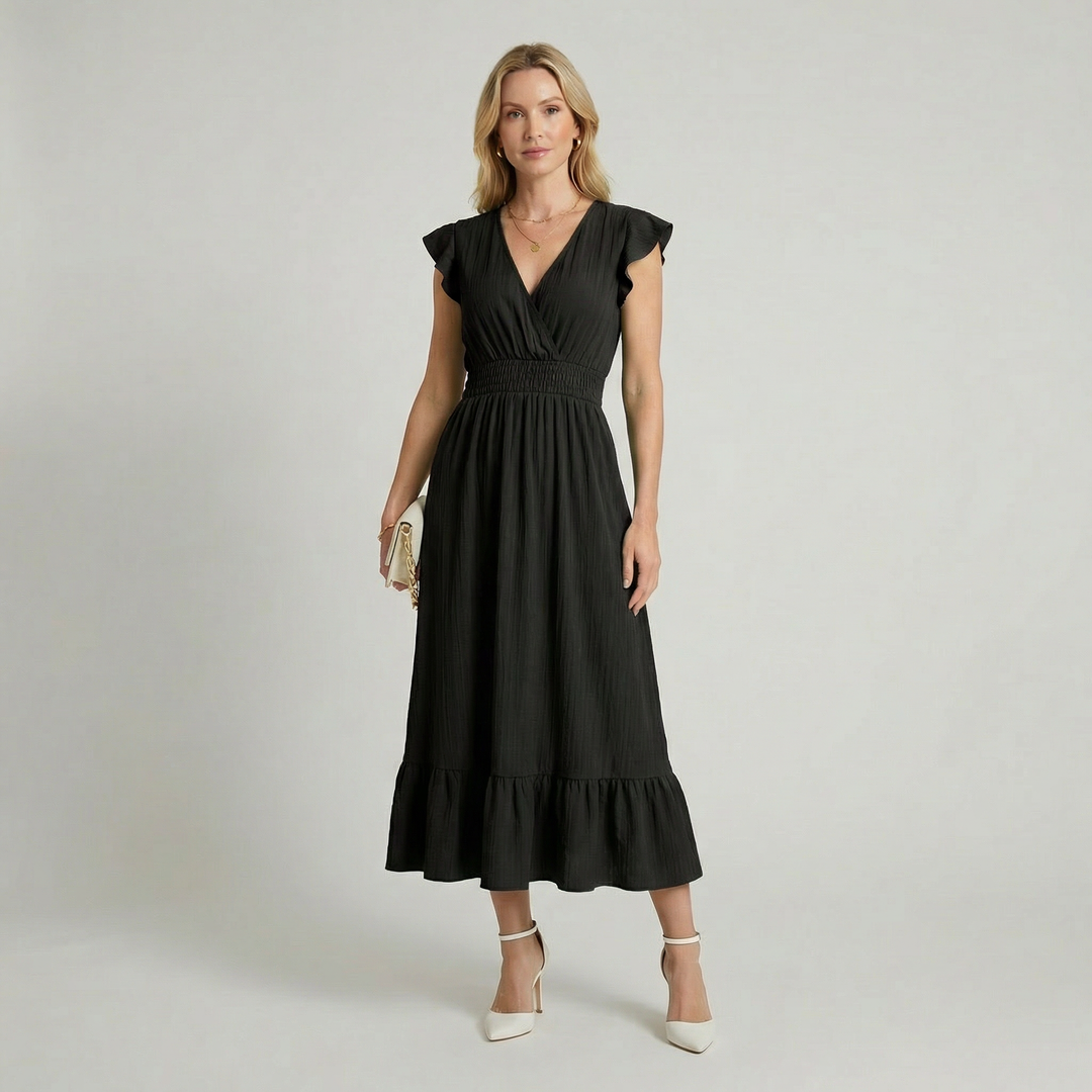 Women’s V-Neck Midi Dress – Shirred Waist Elegant Summer Fit