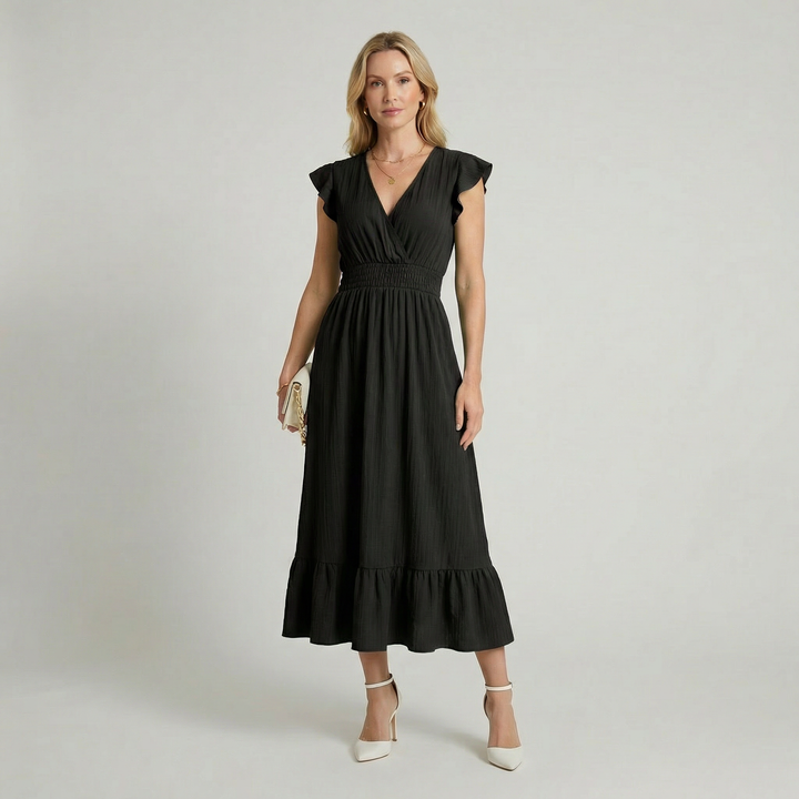Women’s V-Neck Midi Dress – Shirred Waist Elegant Summer Fit