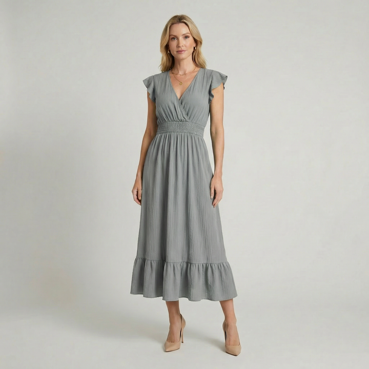 Women’s V-Neck Midi Dress – Shirred Waist Elegant Summer Fit