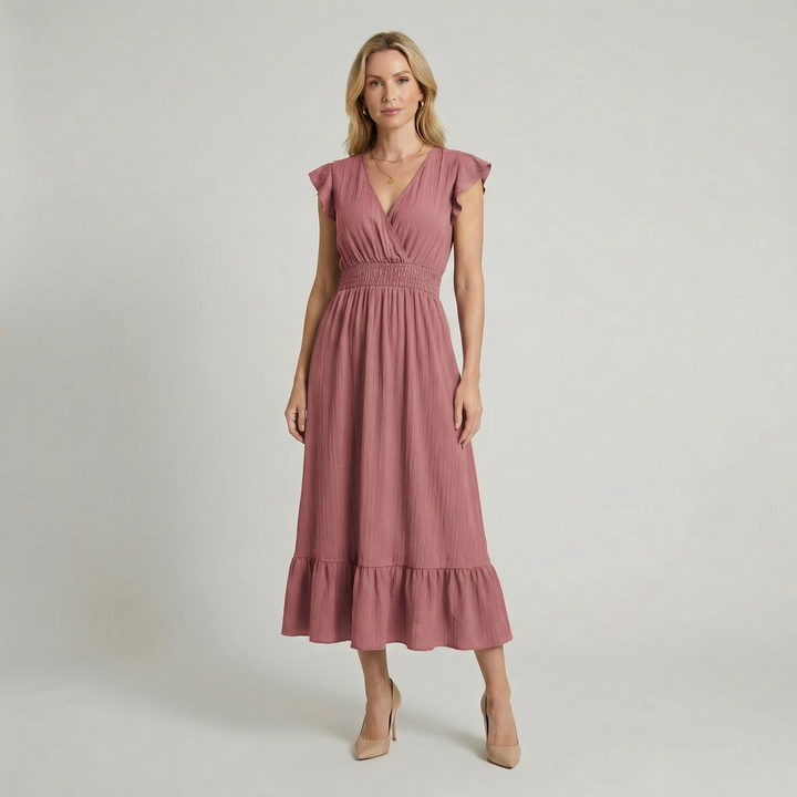 Women’s V-Neck Midi Dress – Shirred Waist Elegant Summer Fit