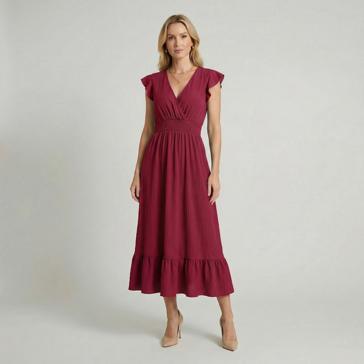 Women’s V-Neck Midi Dress – Shirred Waist Elegant Summer Fit