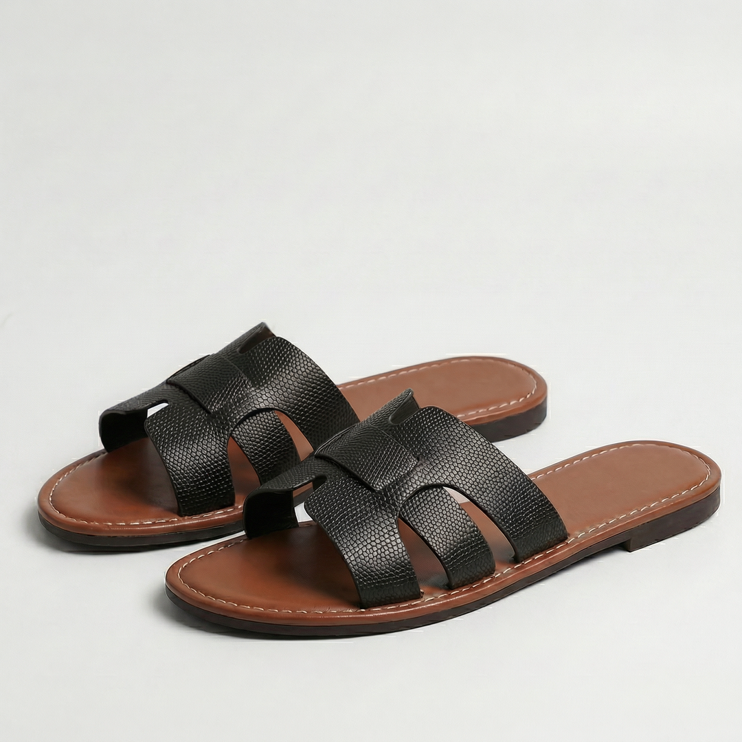 Women’s Flat Slide Sandals – Leather Look Elegance
