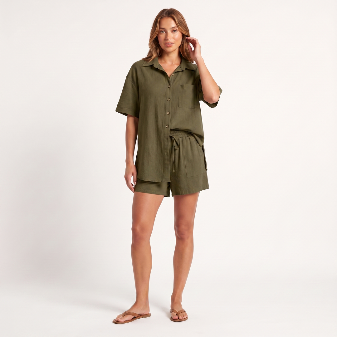 Maeve Women's Co-Ord Set – Shirt & Shorts Short-Sleeve Camp-Collar Two-Piece