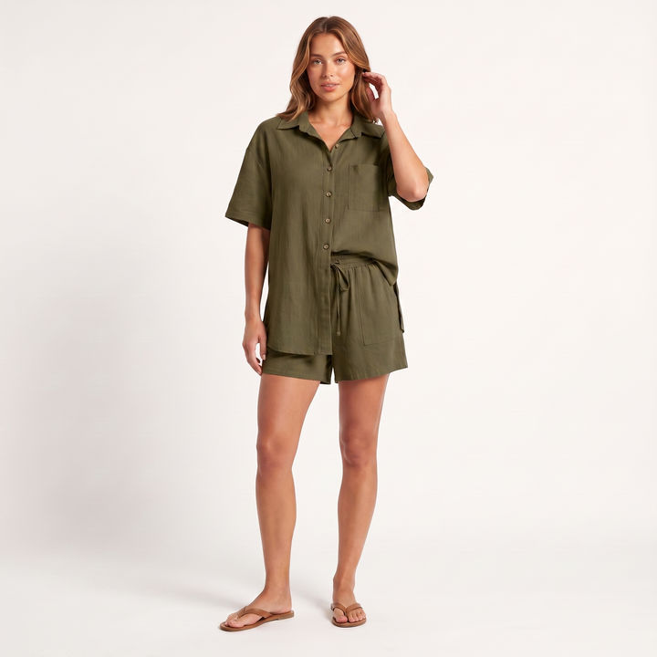 Maeve Women's Co-Ord Set – Shirt & Shorts Short-Sleeve Camp-Collar Two-Piece