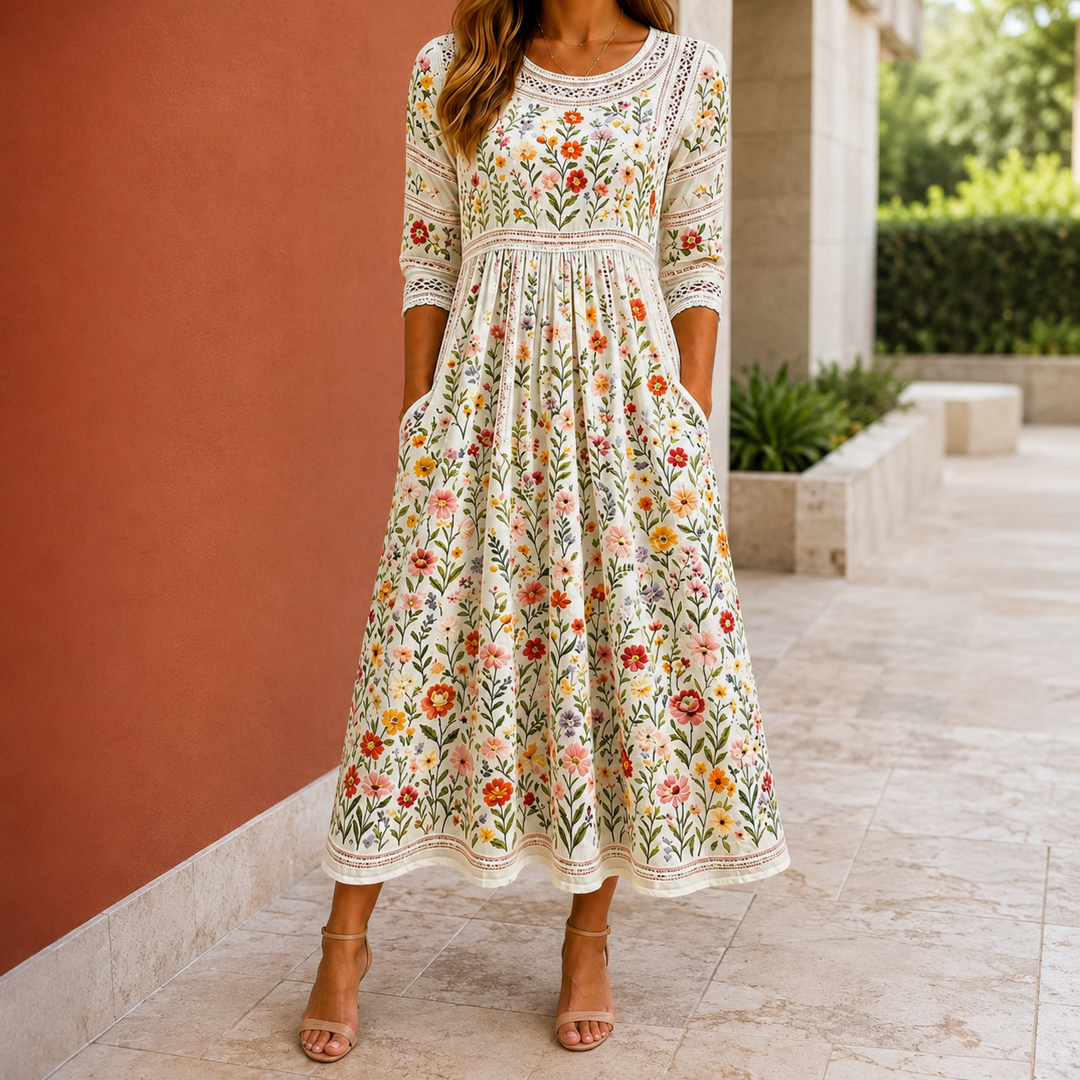Harriet-Pearl Meadow Midi Dress - Cream Wildflower