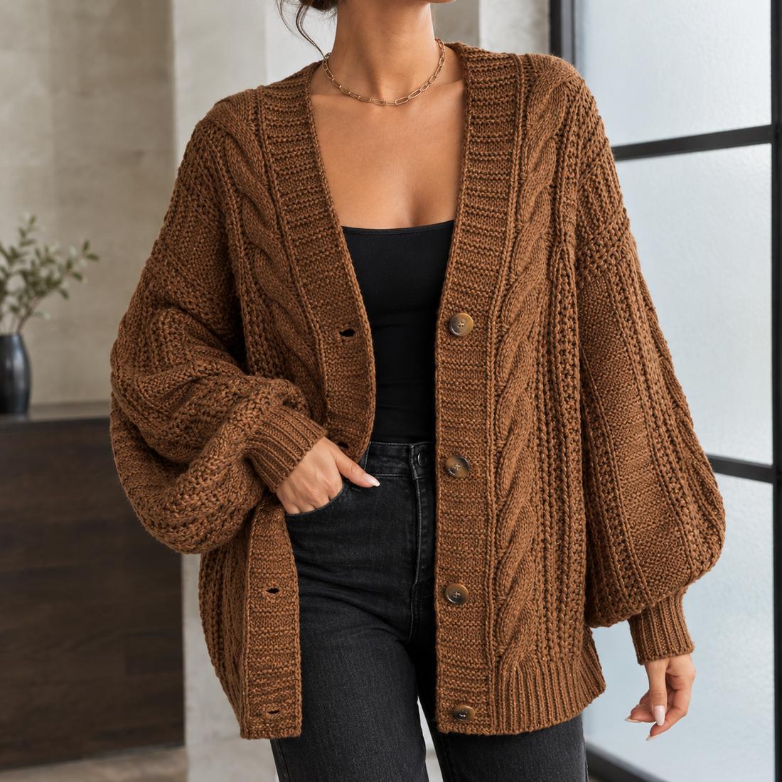 Paula-Eve Cable Cardigan - Dark Brown