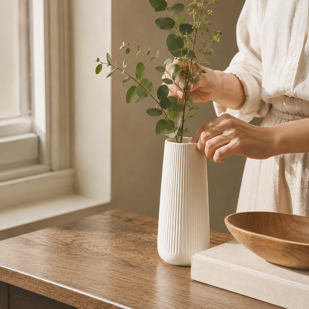 Amberley Ribbed Ceramic Vase - Styled Room Scene