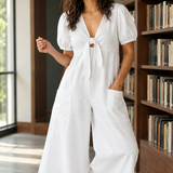 Olympia-Lane Tie Front Jumpsuit - White